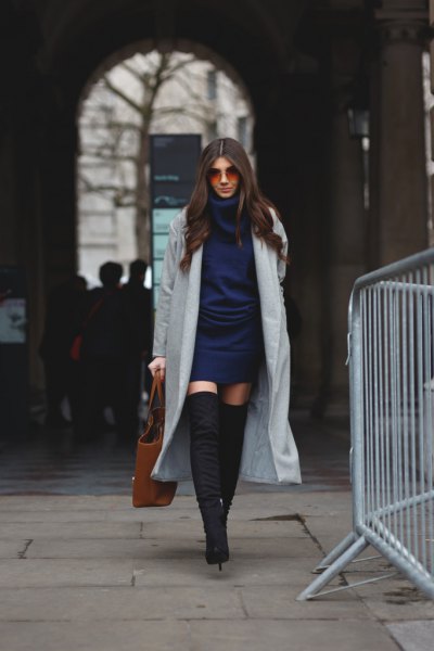 Dark blue knitted dress with gray maxi blazer and over the knee boots