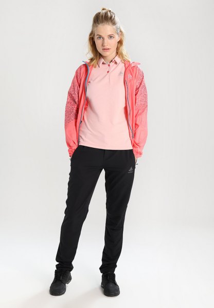 Light pink polo shirt with blushing windbreaker and jogging pants