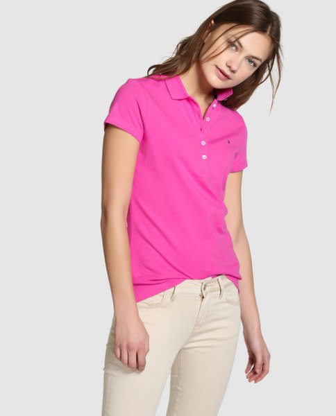 shocking pink polo shirt with ivory skinny jeans