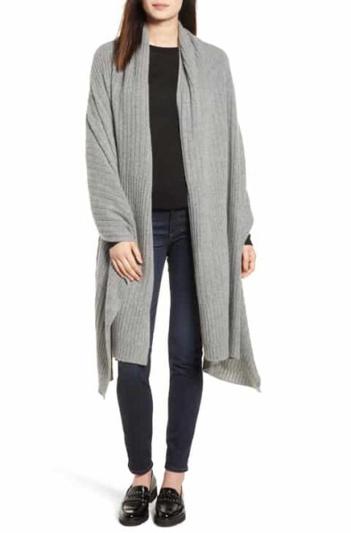 gray longline cardigan with black sweater and loafers