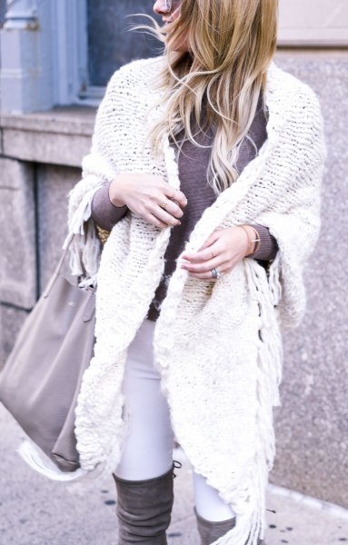 white cable knit sweater with over the knee boots