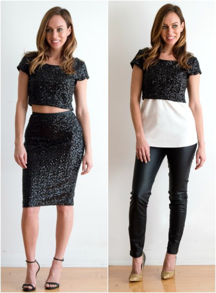 black, sparkling crop top with matching midi skirt