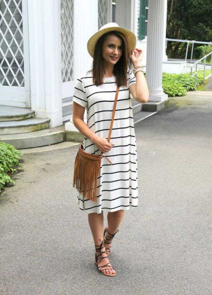 white and black short-sleeved striped midi dress with flat sandals