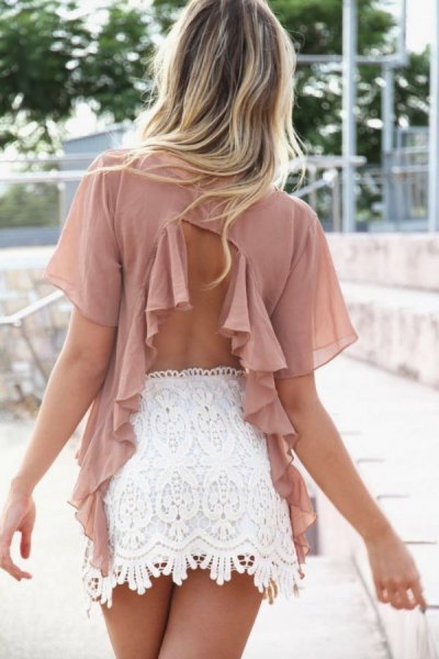Blush pink chiffon neckline at the back with white lace mini skirt