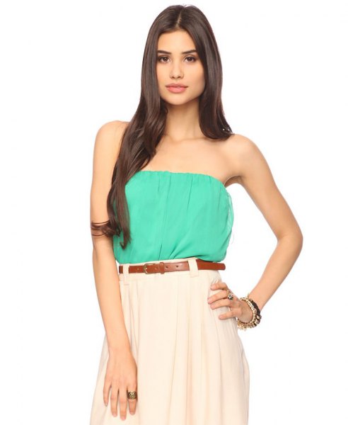 Sea green tube top with white pleated skirt