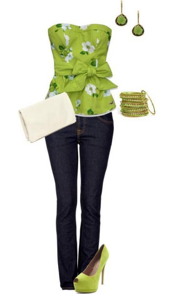 lime green and white knotted tube top with floral pattern and dark skinny jeans