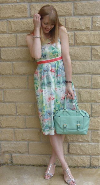 blushed and blue printed, gathered, tailored chiffon midi dress with silver sandals