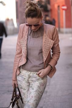 Light pink leather jacket with spike and chiffon blouse