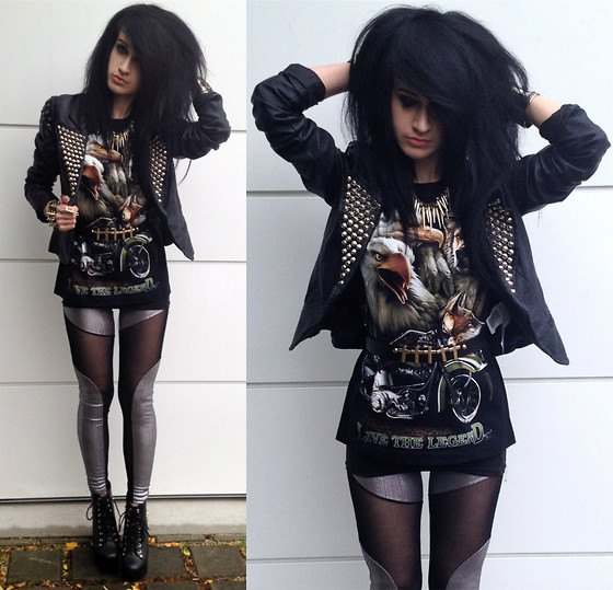 Leather jacket with graphic tunic t-shirt and silver leggings