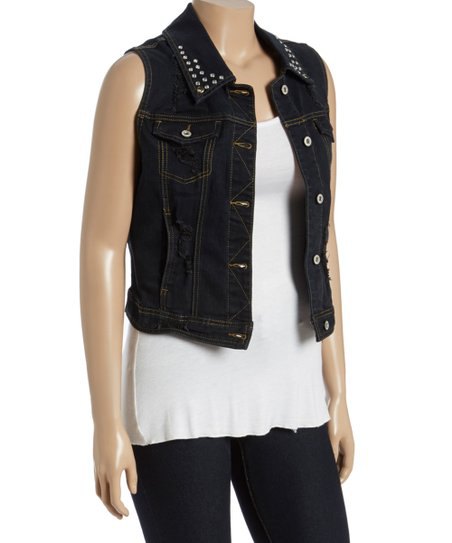 black denim vest with studded collar and white tunic tank top