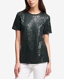 gray sequin t-shirt with white slim fit jeans