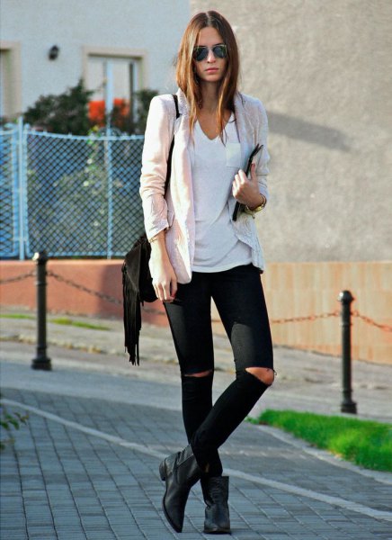 white t-shirt with v-neck, ivory black and boots