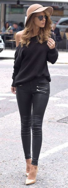 black strapless sweater with narrow leather biker pants
