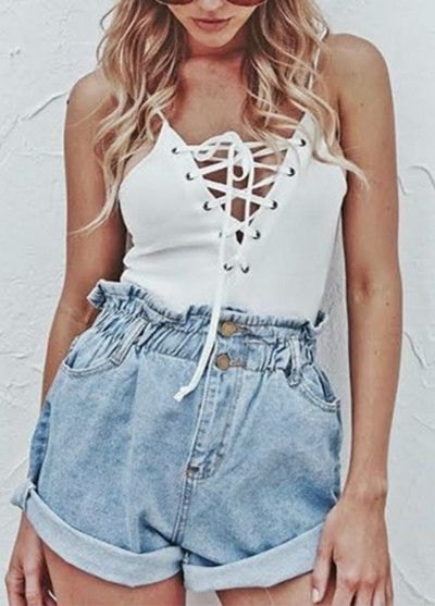 white spaghetti top with laces and blue jeans shorts with elastic waist