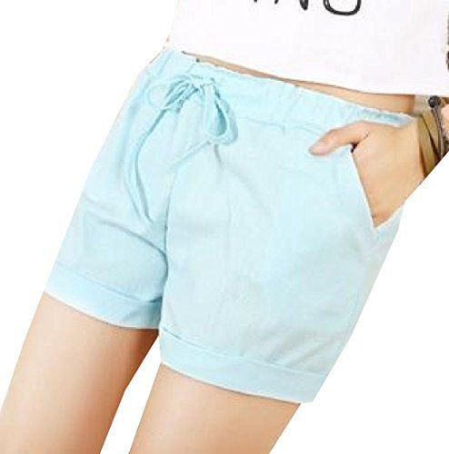 white short t-shirt with sky blue shorts with elastic waist and mini cuffs