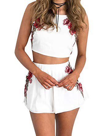 white crop top with matching flowing mini shorts with floral pattern