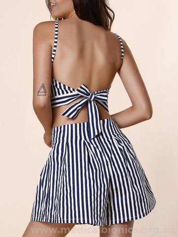 black and white striped spaghetti strap top with open back and matching flowing shorts