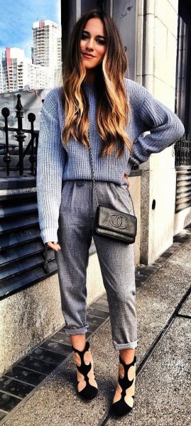 gray and white rib sweater with knitted pants with cuffs