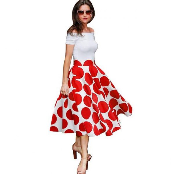 white off shoulder midi dress with red polka dot pattern