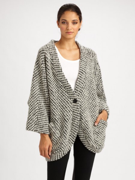 gray and white checkered, oversized cardigan with tank top