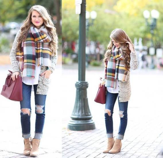 mottled gray scarf with colorful checkered scarf