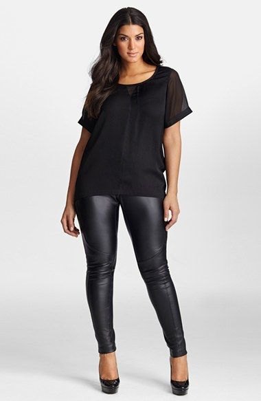 black t-shirt with chiffon scoop neck and leather leggings