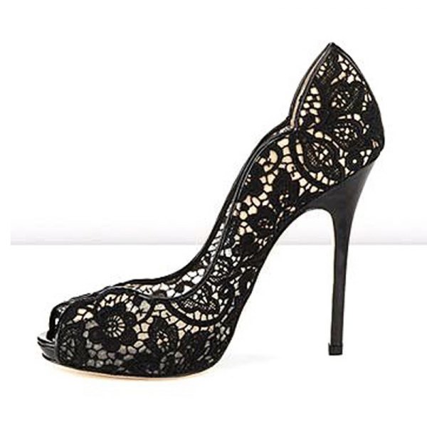 Flower-embroidered lace heels with a black, form-fitting midi cocktail dress