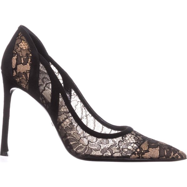 pointed, flower-embroidered lace heels with black maxi dress
