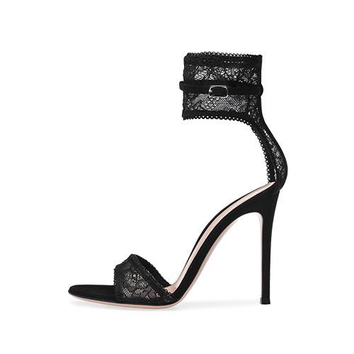 Ankle strap with open toe and black lace heels with mini shift tank dress
