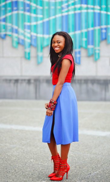 red t-shirt with cap sleeves and sky blue midi dress