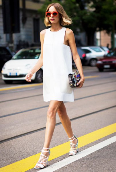 white tank shift mini dress with high-heeled lace-up sandals