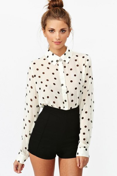 white and black polka dot shirt with high mini shorts