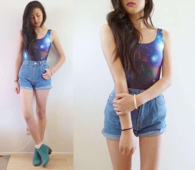 waisted tank top with galaxy print and blue vintage jeans shorts
