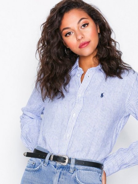 blue and white striped shirt with belt mom jeans