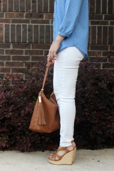 blue patterned chiffon blouse with white skinny jeans
