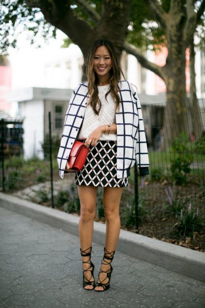 black and white checkered wool coat with black lace sandals