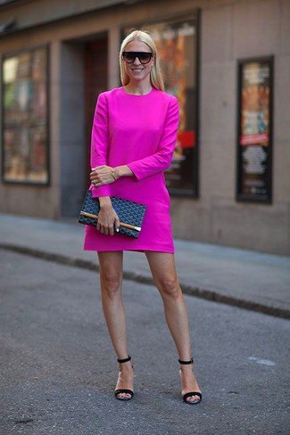 Pink long sleeve mini dress with dark blue sandals