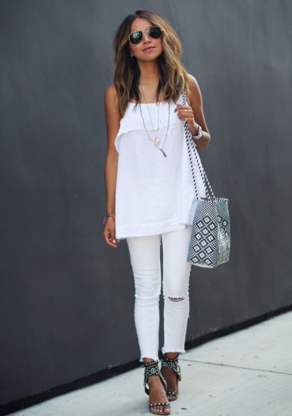 white chiffon top with spaghetti straps, jeans and black summer sandals with heels