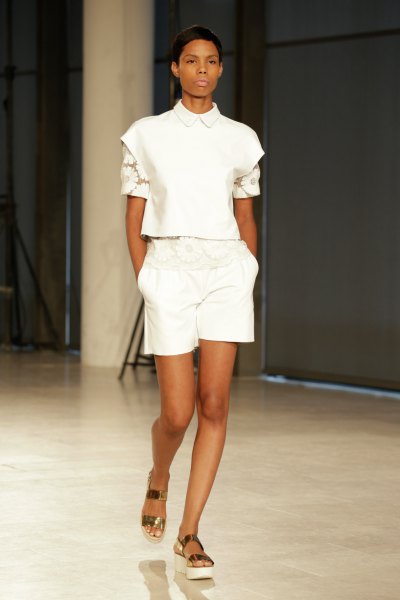 white blouse with short sleeve collar and matching flowing shorts
