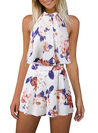 white and blue chiffon top with floral pattern and matching shorts with high waist