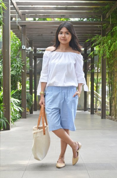 Off shoulder white blouse with light blue, knee length, long cotton shorts