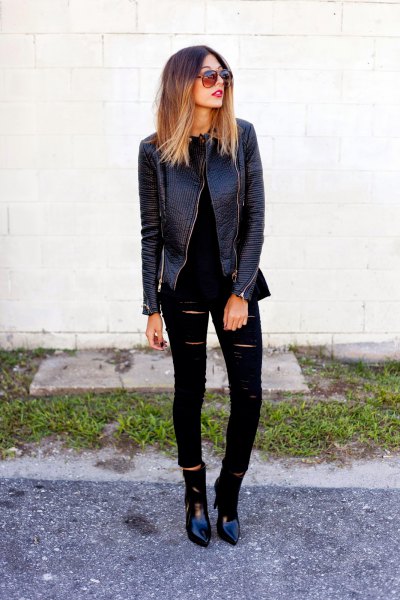 black leather jacket with torn skinny jeans and pointed toe boots
