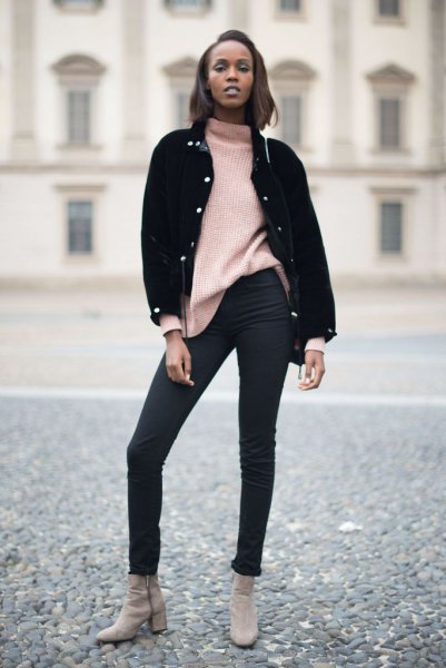 black denim jacket with ivory, chunky sweater and skinny jeans