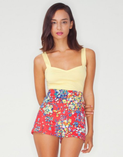 Pale yellow tank top with red floral mini shorts