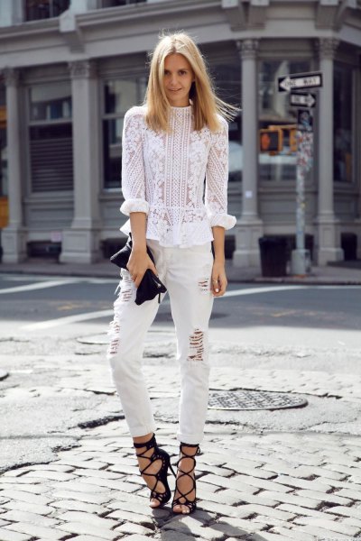 white, embroidered flower blouse with torn jeans and strappy heels