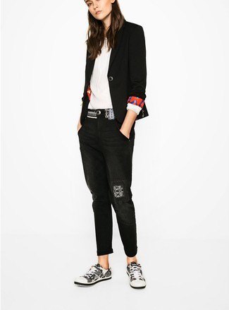 black blazer with white pleated blouse and cuff jeans