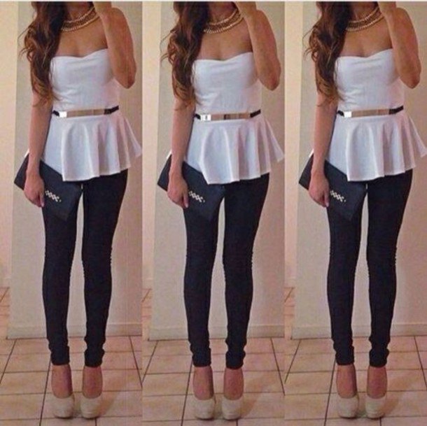 white strapless elegant peplum top with belt and black jeans