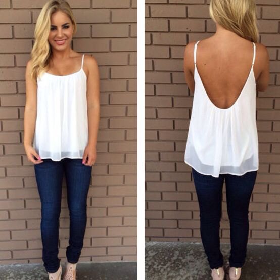 backless, elegant tank top made of white chiffon with blue jeans