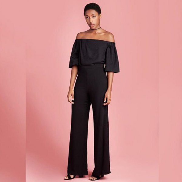 black off shoulder blouse with wide leg trousers