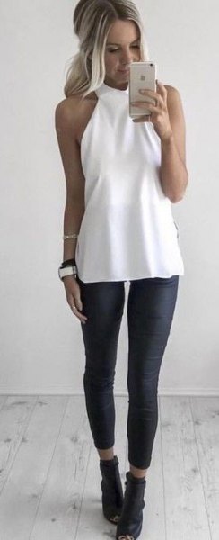 white halter tunic top with black short leggings